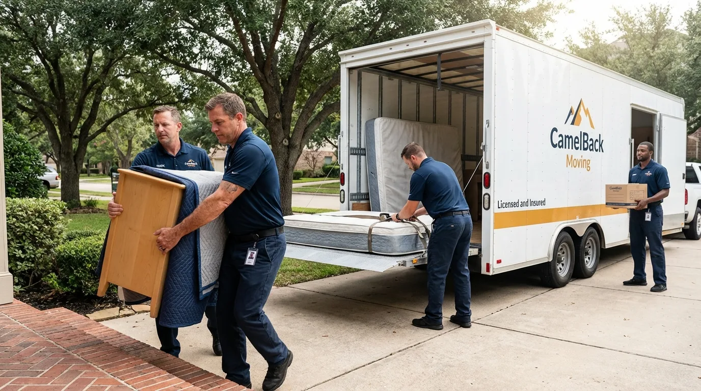 Crew loading residential truck for cross-state move from Calexico, CA