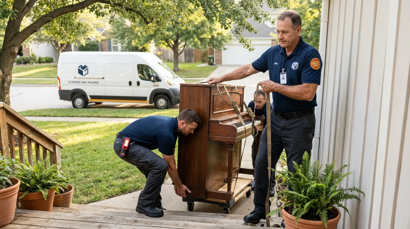 Licensed piano movers securing grand piano in Calexico, CA